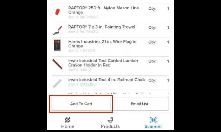 View of scanned items with the Add to Cart button outlined in red.